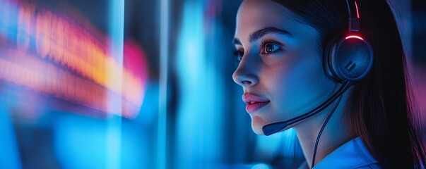 Leinwandbilder - Businesswoman wearing headset monitoring data on multiple monitors in office at night