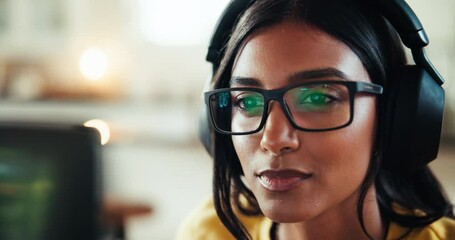 Reading, coder and computer with woman at home for freelance developer, gaming programmer and glasses. Gameplay database, character design and remote software engineer with person and headphones