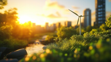 wind turbines in the foreground of city skyline. green panorama of renewable energy technology in a 