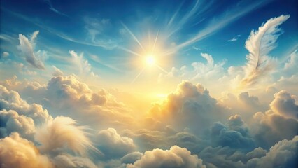 Wall Mural - A Serene Sunrise Above a Sea of Clouds, Illuminated by Golden Rays and Wispy Feather-Like Formations