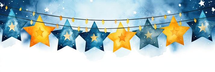 Wall Mural - Festive garland with blue and gold stars on snowy background with copy space. Christmas and New Year party decoration. Winter holidays celebration border design.