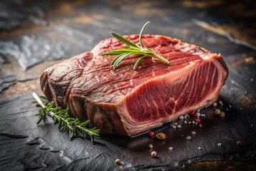 Wall Mural - A succulent cut of prime beef steak, seasoned with aromatic herbs and spices, rests elegantly on a dark slate surface, ready to be expertly grilled to perfection.