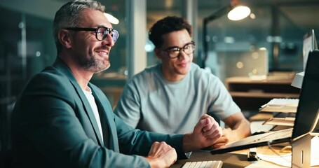 Aufkleber - Teamwork, advice and handshake with business people in office for journalist training, thank you and chief editor. Publication, collaboration and planning with men in media agency for news at night