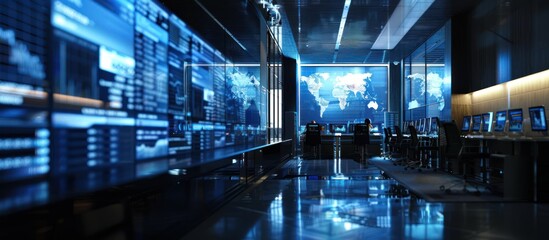 Wall Mural - futuristic control room with global data displays and workstations.