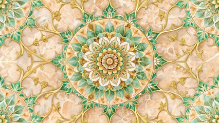 Wall Mural - Elegant Ornate Floral Mandala Design on a Marble Background, Featuring Intricate Gold Filigree and Jade Green Accents, Perfect for Interior Design and Decorative Applications