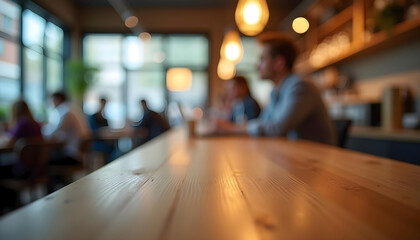 wood texture table with blur people sitting in modern working space