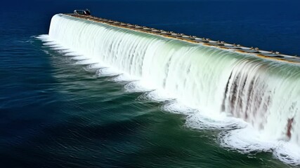 Wall Mural - artificial waterfall cascading powerfully into deep blue sea, blending natural beauty with innovativ