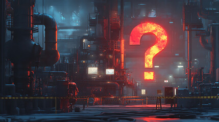 Wall Mural - Glowing Red Question Mark in Futuristic Industrial City at Night