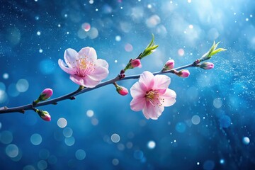 Wall Mural - Delicate Pink Blossoms on a Branch, Gently Swaying in a Soft Blue Light, with a Dreamy, Sparkling Background