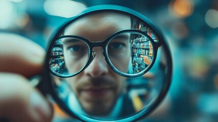 Poster - Businessman holding magnifying glass showing warehouse storage