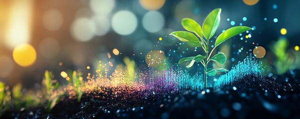 Poster - Small plant growing from soil with futuristic digital data visualisation