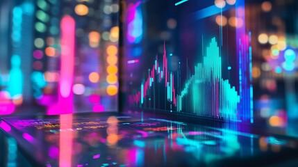 Leinwandbilder - Stock market graph showing growth on a laptop screen in the city at night