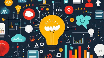 Poster - Large lightbulb surrounded by business doodles representing ideas and innovation
