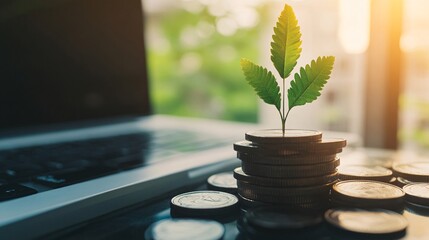 Poster - Small plant growing on a stack of coins representing investment