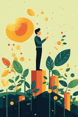Poster - Businessman celebrating success on growing graph with money coins surrounded by plants