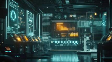 Wall Mural - futuristic data analysis lab with high-tech interfaces and equipment