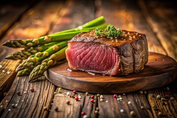 Wall Mural - A succulent grilled beef steak, cooked to perfection, rests on a rustic wooden board, accompanied by a vibrant bunch of fresh asparagus, creating a visually appealing culinary scene.