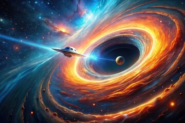 Wall Mural - a spacecraft navigates a cosmic whirlpool, a vibrant nebula swirling around a black hole, stars scat