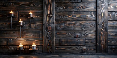 Wall Mural - Illuminated Candles on Dark Wooden Wall Background