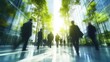 © nicole - The concept of sustainability in business centers, crowds of business people walking at a corporate office in a green city downtown, abstract motion blur image with blurred background