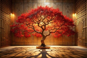 Wall Mural - Serene Autumnal Bonsai in a Golden Chamber Illuminated Branches Cast Shadows on Polished Floor