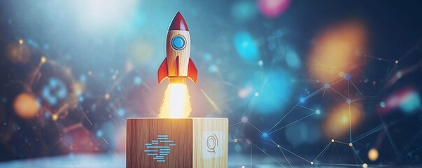 Fototapete - Miniature rocket launching from wooden block with digital network