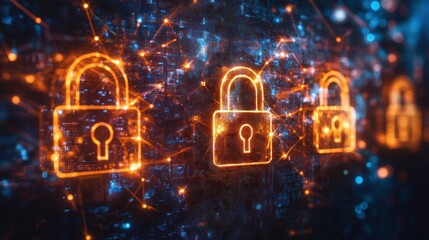 Secure digital network, glowing padlocks, data protection, cyber security, tech background