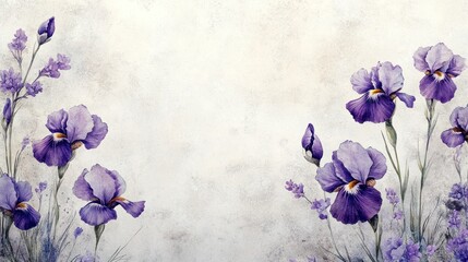 Wall Mural - Watercolor Irises Border, Floral, Textured Background, Invitation Design