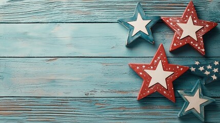 Oversized wooden stars painted in flag colors, laid out on a rustic blue wooden surface with natural light, rustic Americana theme