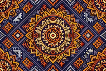 Wall Mural - Intricate Geometric Textile Design Featuring Vibrant Orange and Yellow Mandala Patterns on a Dark Background
