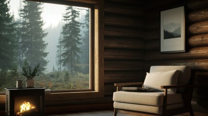 Wall Mural - Cozy Cabin Interior with Fir Trees and Warm Fireplace Ambiance