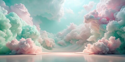 Wall Mural - dreamlike pastel cloudscape with minimalist platforms for product display