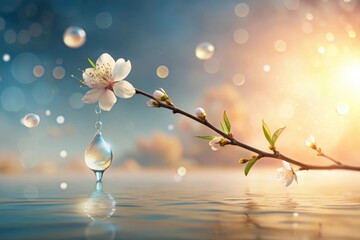 Wall Mural - Serene Spring Blossom and Water Drop Reflection A Tranquil Image Depicting the Essence of Natural Beauty and Purity