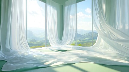 Sticker - A bright and airy mint green bedroom with large windows and flowing white curtains.