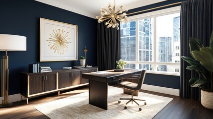 Sticker - A comfortable office with navy walls, warm wooden furniture, and a large window letting in sunlight.