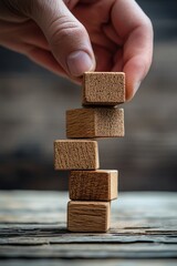 Poster - Businessman building a tower with wooden blocks on rustic background