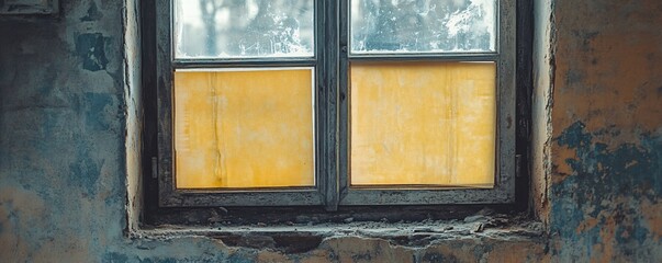 Aufkleber - Old window showing crumbling plaster wall with boarded up windows