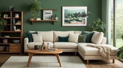 Sticker - A modern living space featuring muted green walls, a large beige sofa, and wooden shelves.