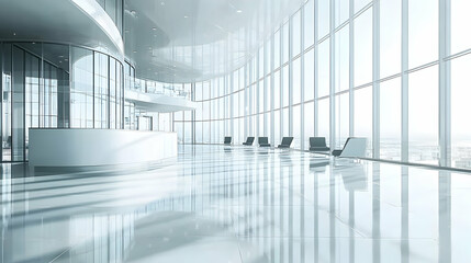  Modern, bright office lobby with panoramic windows and sleek furniture.  Ideal for corporate or business concepts.