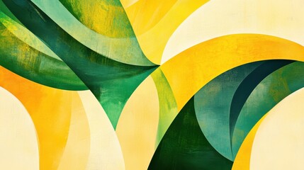 Wall Mural - Abstract Curved Lines in Shades of Green and Yellow on Cream Background