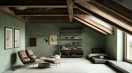 Sticker - A stylish loft apartment with muted green walls, wooden ceiling beams, and a cozy seating arrangement.