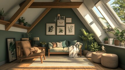 Sticker - A stylish loft apartment with muted green walls, wooden ceiling beams, and a cozy seating arrangement.