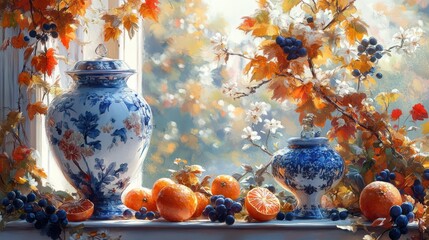 Poster - Autumnal still life, porcelain vases, window, sunlight, fruit