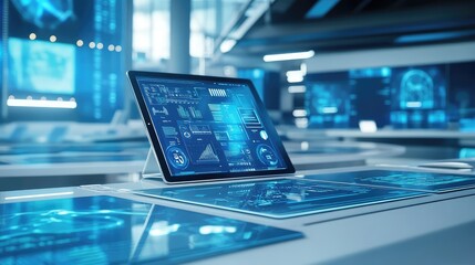A creative digital workspace with a sleek desk, tablet, and innovative digital work tools. Copy space.