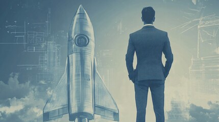 Poster - Businessman watching rocket launching with city skyline drawings behind him
