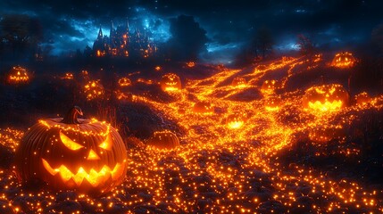 a surreal pumpkin patch with vines extending like golden ribbons across a glowing field