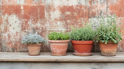 Canvas Print - A selection of handcrafted terracotta plant pots arranged on a wooden garden bench. Copy space.