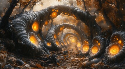 a whimsical pumpkin patch where the vines spiral into intricate glowing fractals