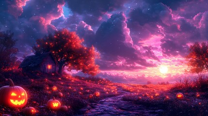 a pumpkin patch with vines that glow like neon trails under a dreamy violet sky