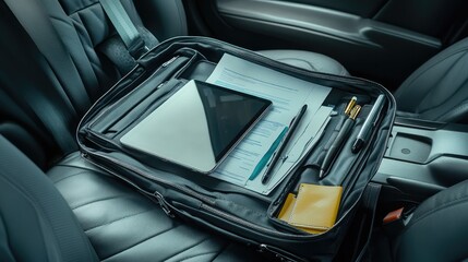 Wall Mural - A well-organized briefcase with a tablet, stylus, and business documents on a car seat. Copy space.